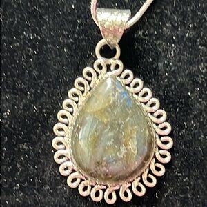 LABRADORITE TEARDROP STERLING PENDENT ON AN 18” STERLING SNAKE CHAIN